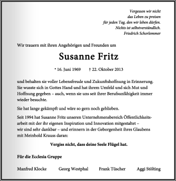 Anzeige  Susanne Fritz  Lippische Landes-Zeitung