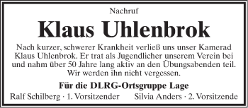 Anzeige  Klaus Uhlenbrok  Lippische Landes-Zeitung