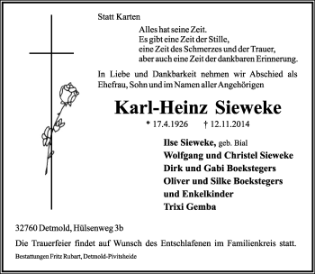 Anzeige  Karl-Heinz Sieweke  Lippische Landes-Zeitung