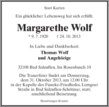Anzeige  Margarethe Wolf  Lippische Landes-Zeitung