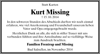 Anzeige  Kurt Missing  Lippische Landes-Zeitung