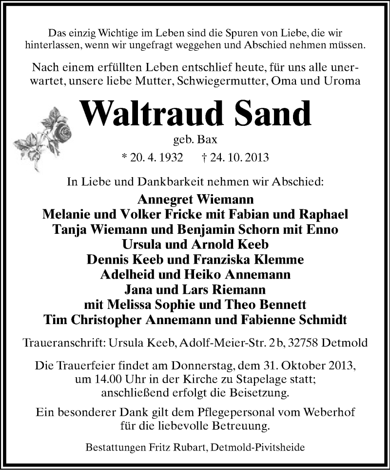  Traueranzeige für Waltraud Sand vom 26.10.2013 aus Lippische Landes-Zeitung