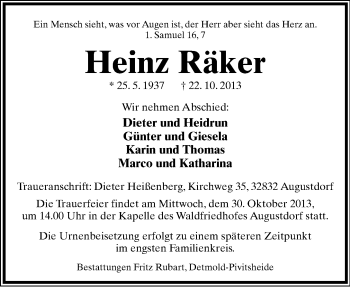 Anzeige  Heinz Räker  Lippische Landes-Zeitung