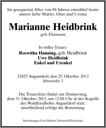 Anzeige  Marianne Heidbrink  Lippische Landes-Zeitung
