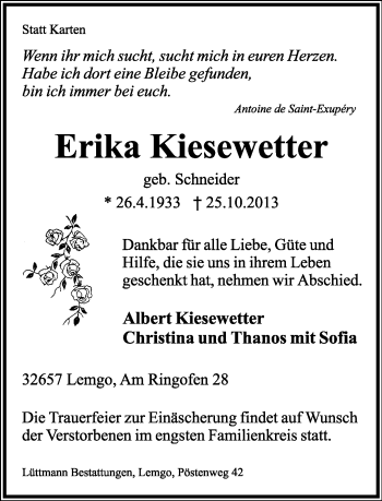 Anzeige  Erika Kiesewetter  Lippische Landes-Zeitung