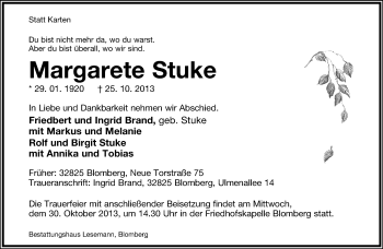 Anzeige  Margarete Stuke  Lippische Landes-Zeitung