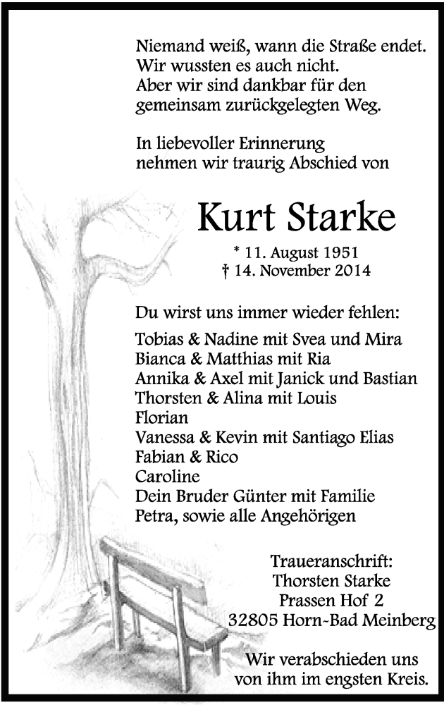  Traueranzeige für Kurt Starke vom 17.11.2014 aus Lippische Landes-Zeitung