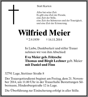 Anzeige  Wilfried Meier  Lippische Landes-Zeitung