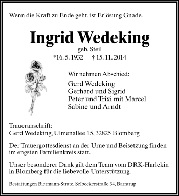 Anzeige  Ingrid Wedeking  Lippische Landes-Zeitung