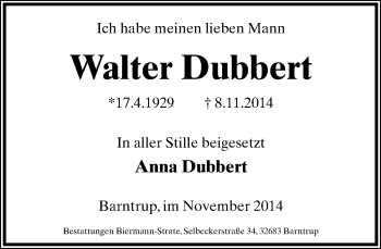 Anzeige  Walter Dubbert  Lippische Landes-Zeitung