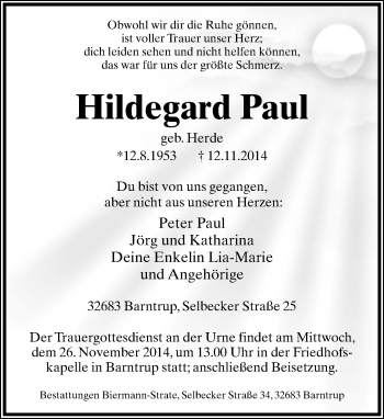 Anzeige  Hildegard Paul  Lippische Landes-Zeitung