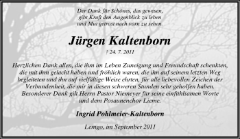 Anzeige  Jürgen Kaltenborn  Lippische Landes-Zeitung