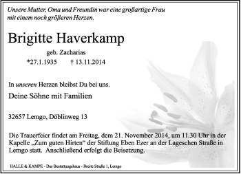 Anzeige  Brigitte Haverkamp  Lippische Landes-Zeitung
