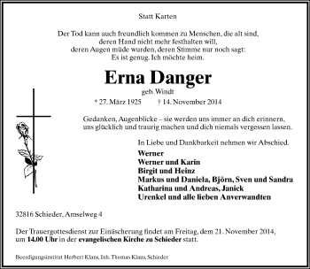 Anzeige  Erna Danger  Lippische Landes-Zeitung
