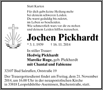 Anzeige  Jochen Pickhardt  Lippische Landes-Zeitung