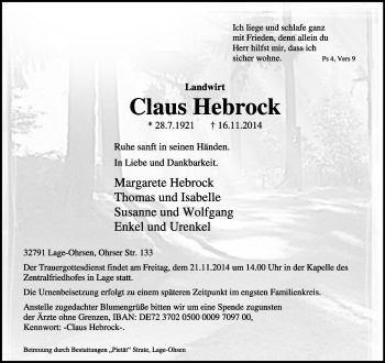 Anzeige  Claus Hebrock  Lippische Landes-Zeitung