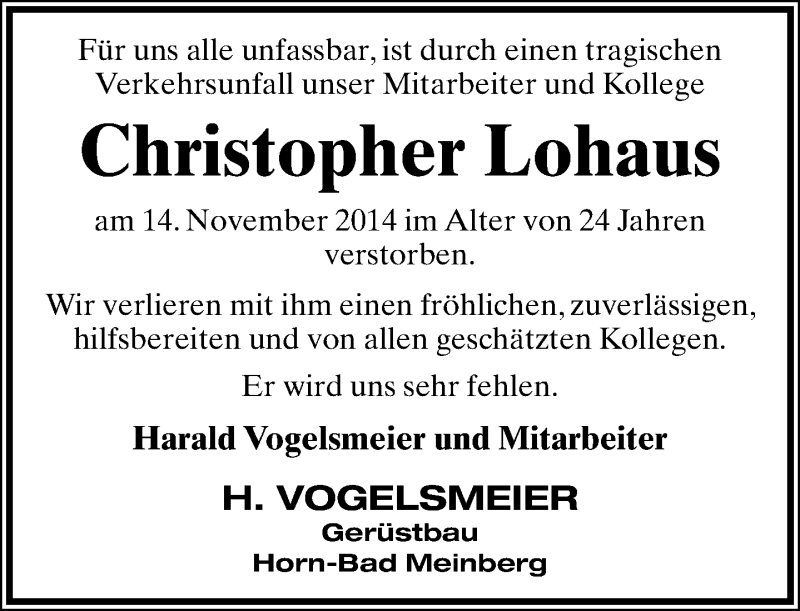  Traueranzeige für Christopher Lohaus vom 19.11.2014 aus Lippische Landes-Zeitung