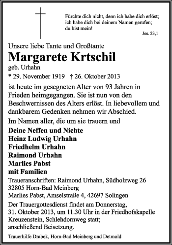 Anzeige  Margarete Krtschil  Lippische Landes-Zeitung