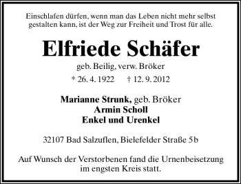 Anzeige  Elfriede Schäfer  Lippische Landes-Zeitung