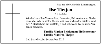 Anzeige  Ilse Tietjen  Lippische Landes-Zeitung