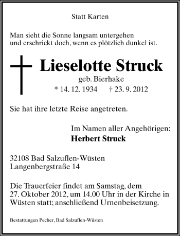 Anzeige  Lieselotte Struck  Lippische Landes-Zeitung