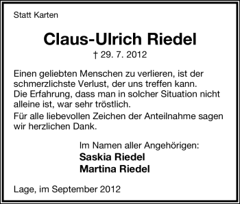Anzeige  Claus-Ulrich Riedel  Lippische Landes-Zeitung