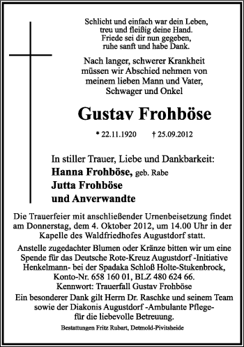 Anzeige  Gustav Frohböse  Lippische Landes-Zeitung