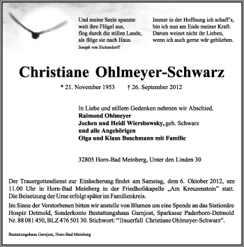 Anzeige  Christiane Ohlmeyer-Schwarz  Lippische Landes-Zeitung