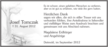 Anzeige  Josef Tomczak  Lippische Landes-Zeitung