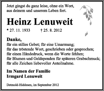 Anzeige  Heinz Lenuweit  Lippische Landes-Zeitung