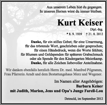 Anzeige  Kurt Keiser  Lippische Landes-Zeitung