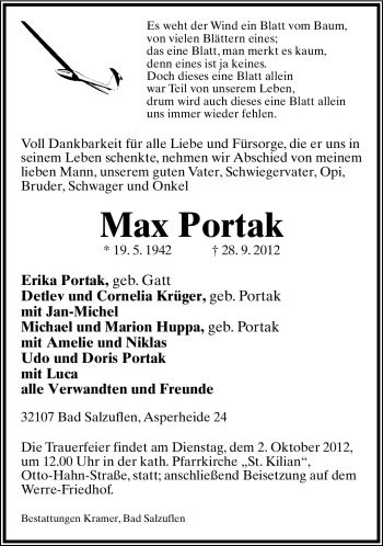 Anzeige  Max Portak  Lippische Landes-Zeitung