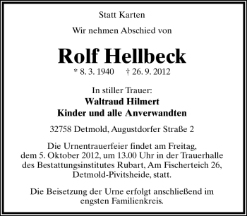 Anzeige  Rolf Hellbeck  Lippische Landes-Zeitung