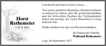Anzeige  Horst Rethemeier  Lippische Landes-Zeitung