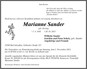 Anzeige  Marianne Sander  Lippische Landes-Zeitung