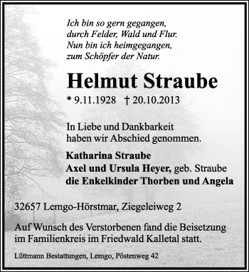 Anzeige  Helmut Straube  Lippische Landes-Zeitung