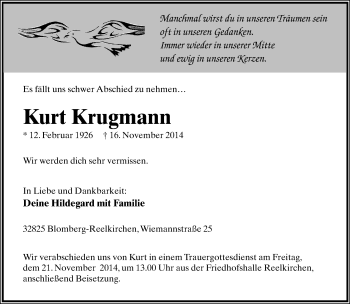 Anzeige  Kurt Krugmann  Lippische Landes-Zeitung