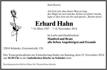 Anzeige  Erhard Hahn  Lippische Landes-Zeitung
