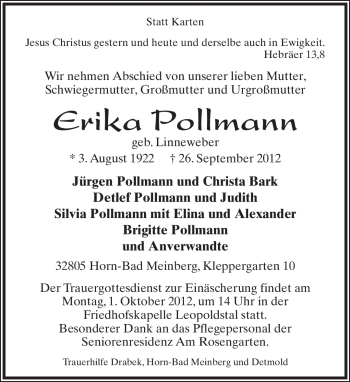 Anzeige  Erika Pollmann  Lippische Landes-Zeitung