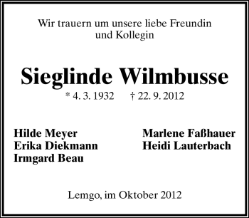 Anzeige  Sieglinde Wilmbusse  Lippische Landes-Zeitung