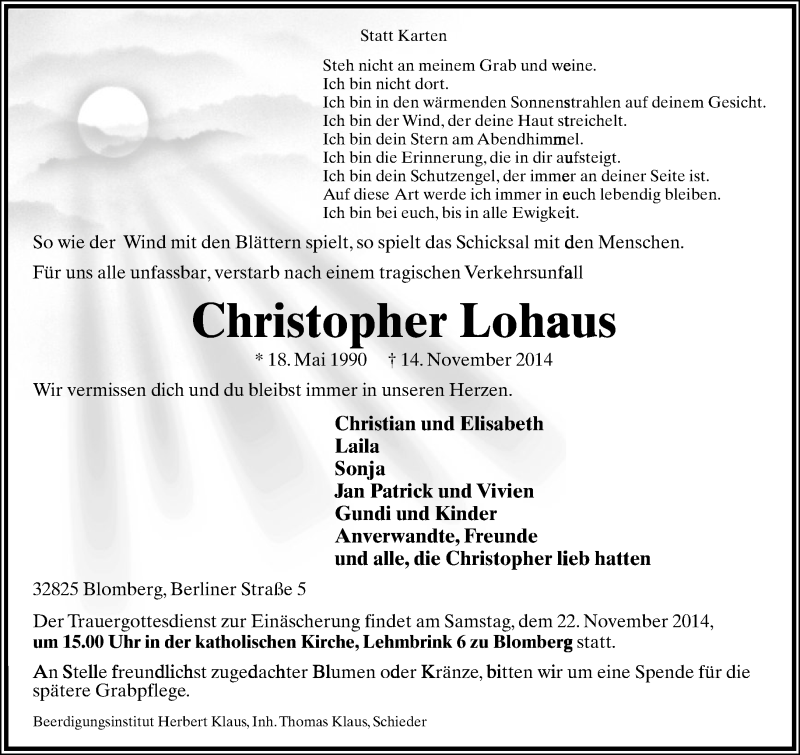  Traueranzeige für Christopher Lohaus vom 19.11.2014 aus Lippische Landes-Zeitung