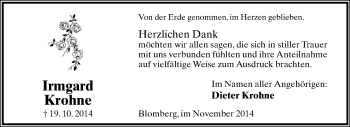 Anzeige  Irmgard Krohne  Lippische Landes-Zeitung