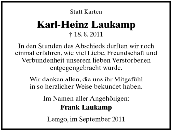 Anzeige  Karl-Heinz Laukamp  Lippische Landes-Zeitung