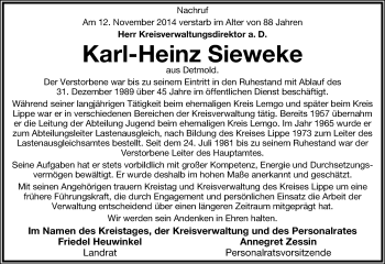 Anzeige  Karl-Heinz Sieweke  Lippische Landes-Zeitung