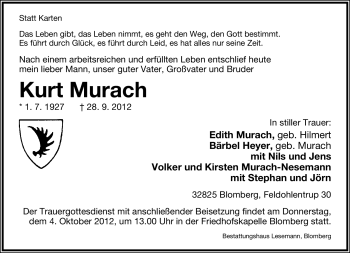 Anzeige  Kurt Murach  Lippische Landes-Zeitung
