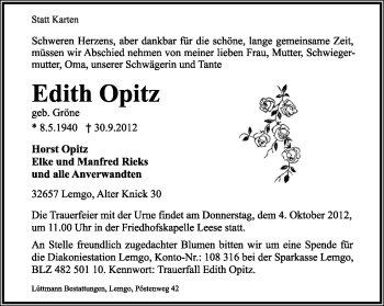 Anzeige  Edtith Optiz  Lippische Landes-Zeitung