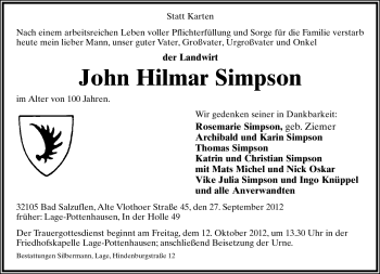 Anzeige  John Hilmar Simpson  Lippische Landes-Zeitung