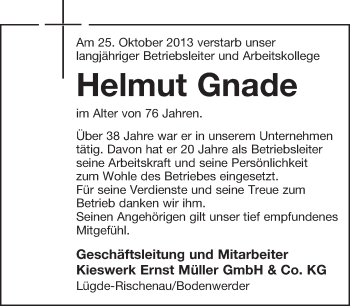 Anzeige  Helmut Gnade  Lippische Landes-Zeitung