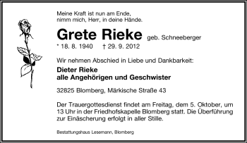 Anzeige  Grete Rieke  Lippische Landes-Zeitung