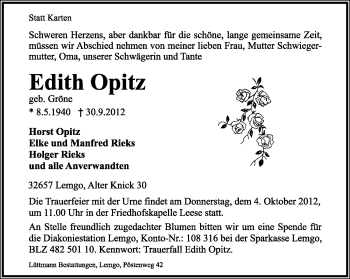 Anzeige  Edtith Optiz  Lippische Landes-Zeitung